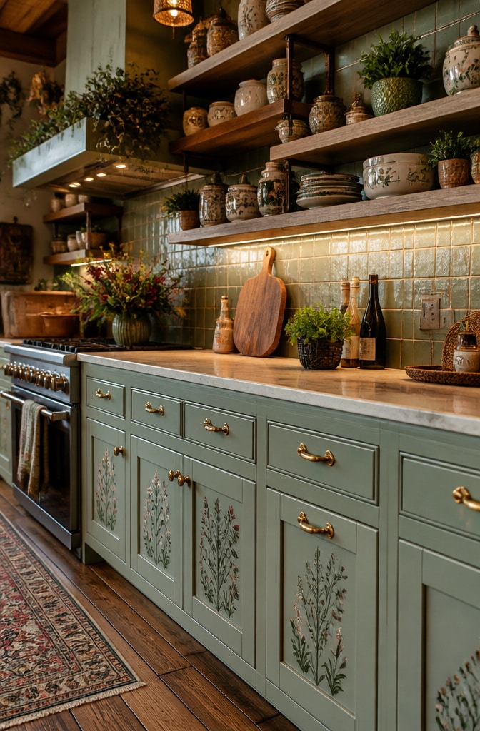 Artisan Boho Sage Green Kitchen Cabinets with Textured Unlacquered Brass Hardware