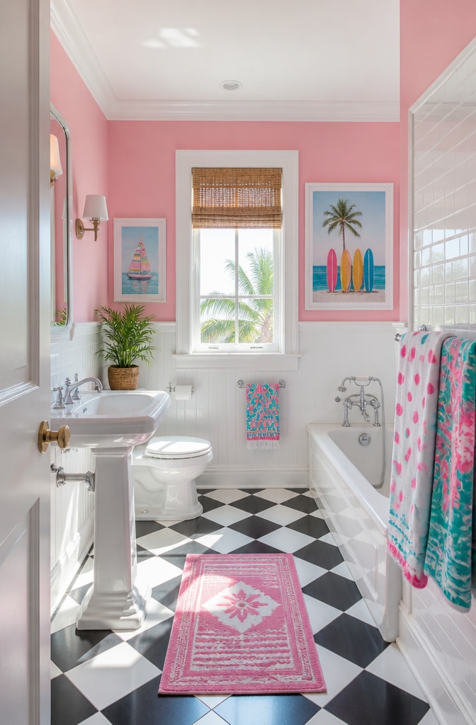 Bright Candy Pink Coastal Bathroom