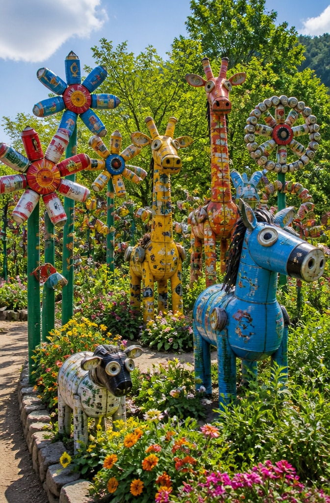 Brightly Painted Tin Can Garden Art