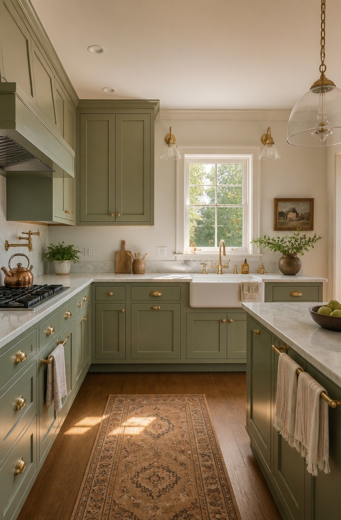 Classic Colonial Sage Green Cabinets with Traditional Unlacquered Brass Hardware