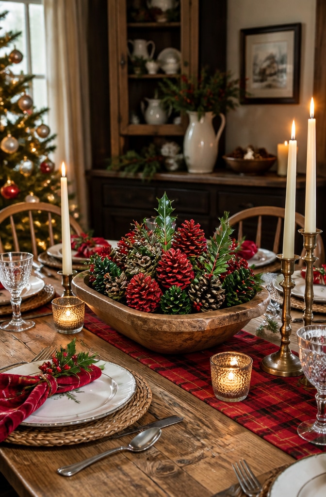 Classic Red and Green Pinecone Display