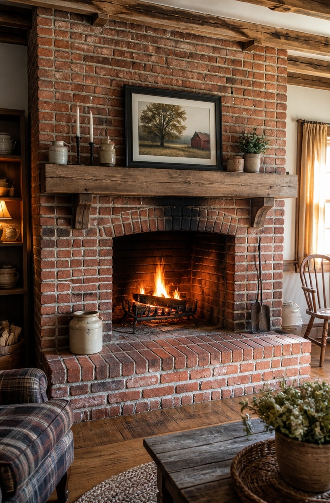 Classic Red Brick Farmhouse Fireplace