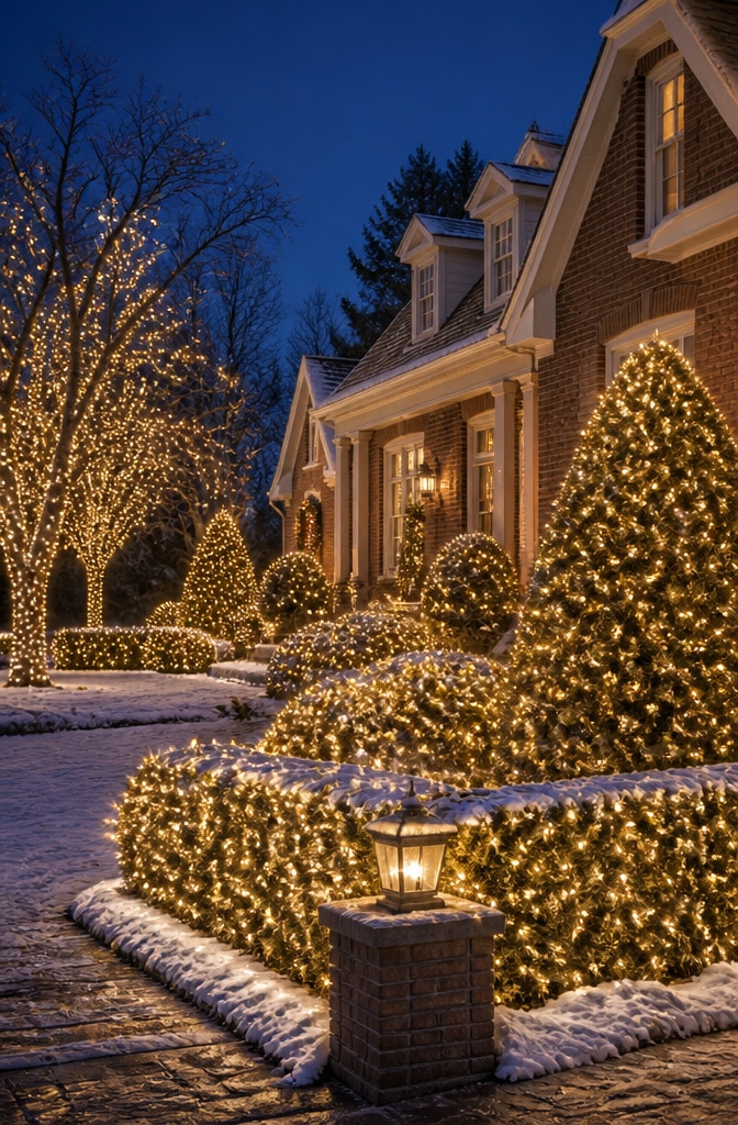 Classic White Net Lights on Shrubs