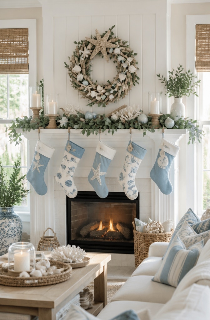 Coastal Farmhouse Christmas Mantel with Sea Inspired Decor