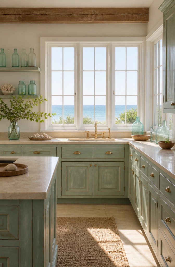 Coastal Sage Green Kitchen Cabinets with Weathered Unlacquered Brass Hardware