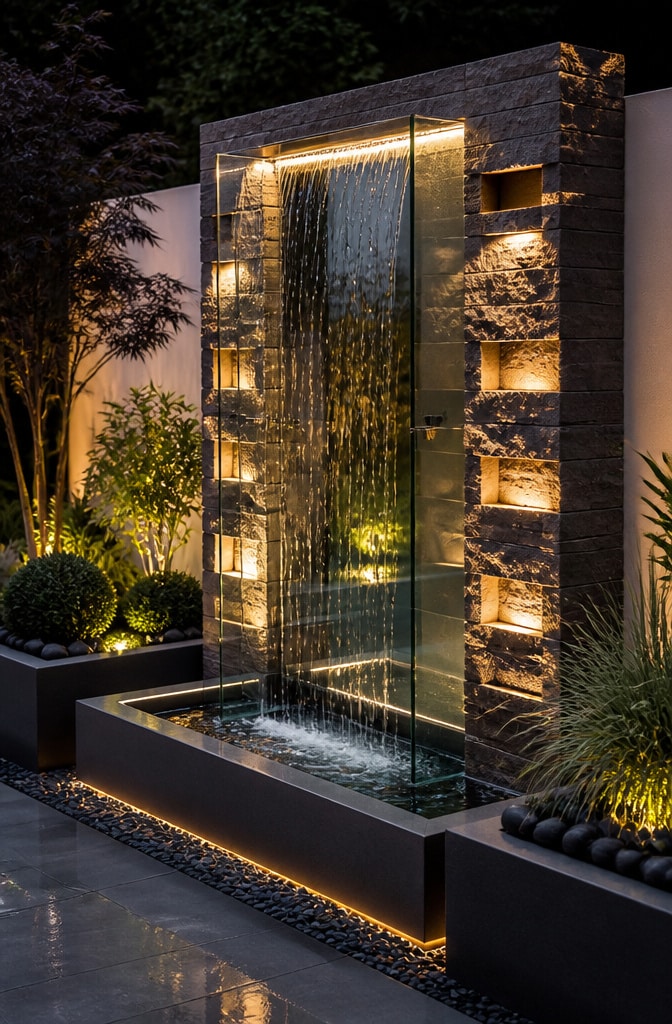 Contemporary Glass and Stone Waterfall