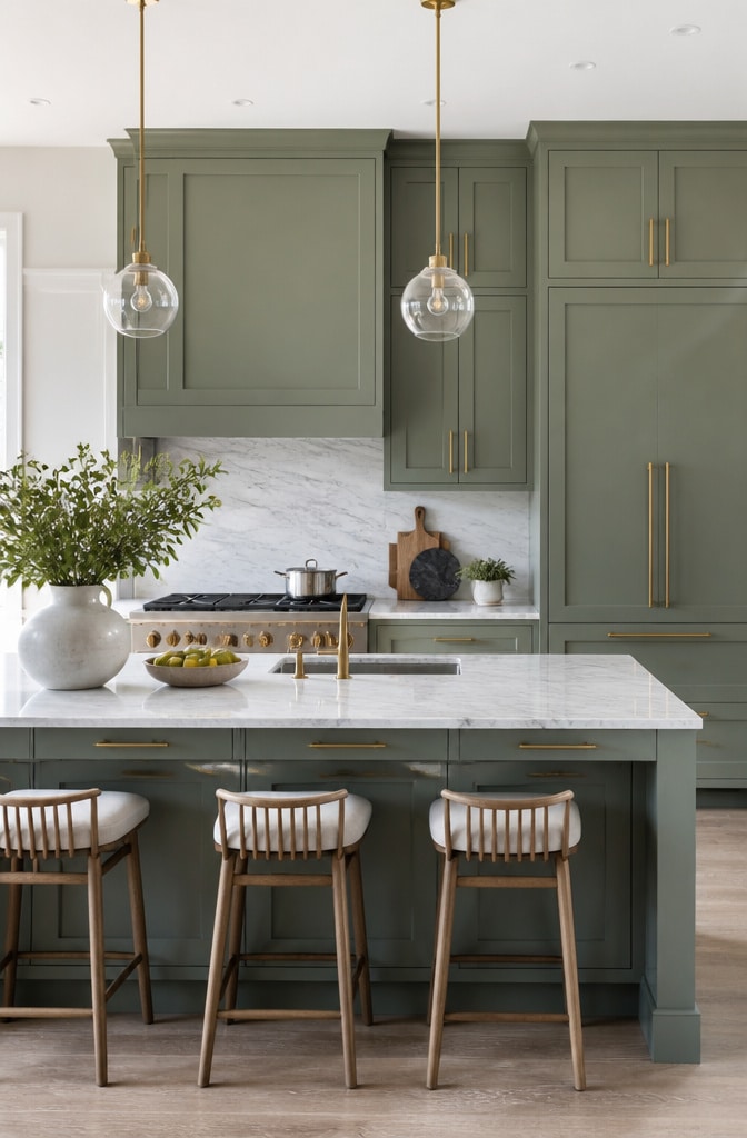 Contemporary Sage Green Kitchen Cabinets with Slim Unlacquered Brass Hardware