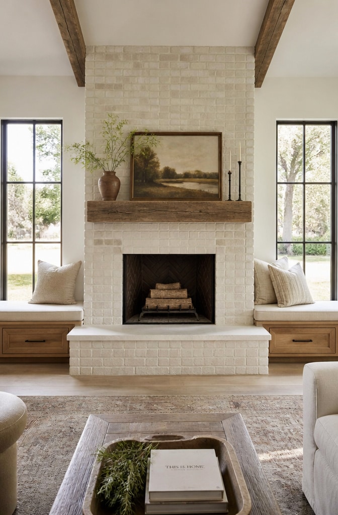Cozy Farmhouse Fireplace with Built-In Benches