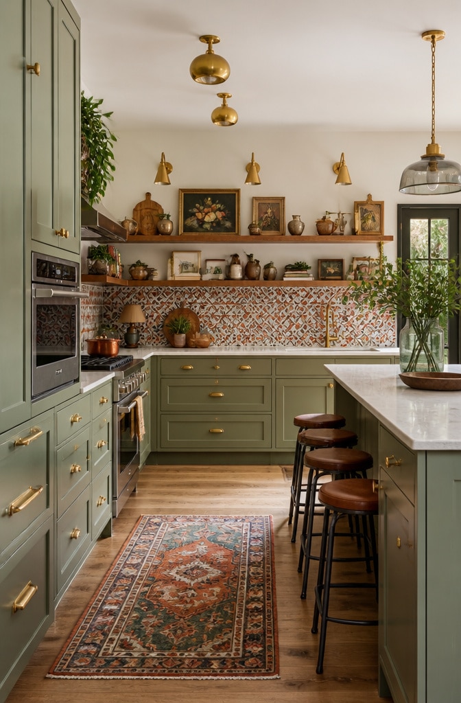 Eclectic Sage Green Kitchen Cabinets with Mixed-Texture Unlacquered Brass Hardware