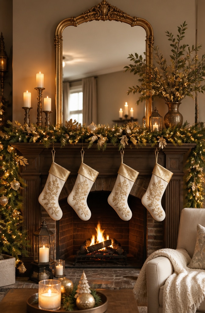 Elegant Farmhouse Christmas Mantel with Gold Accents