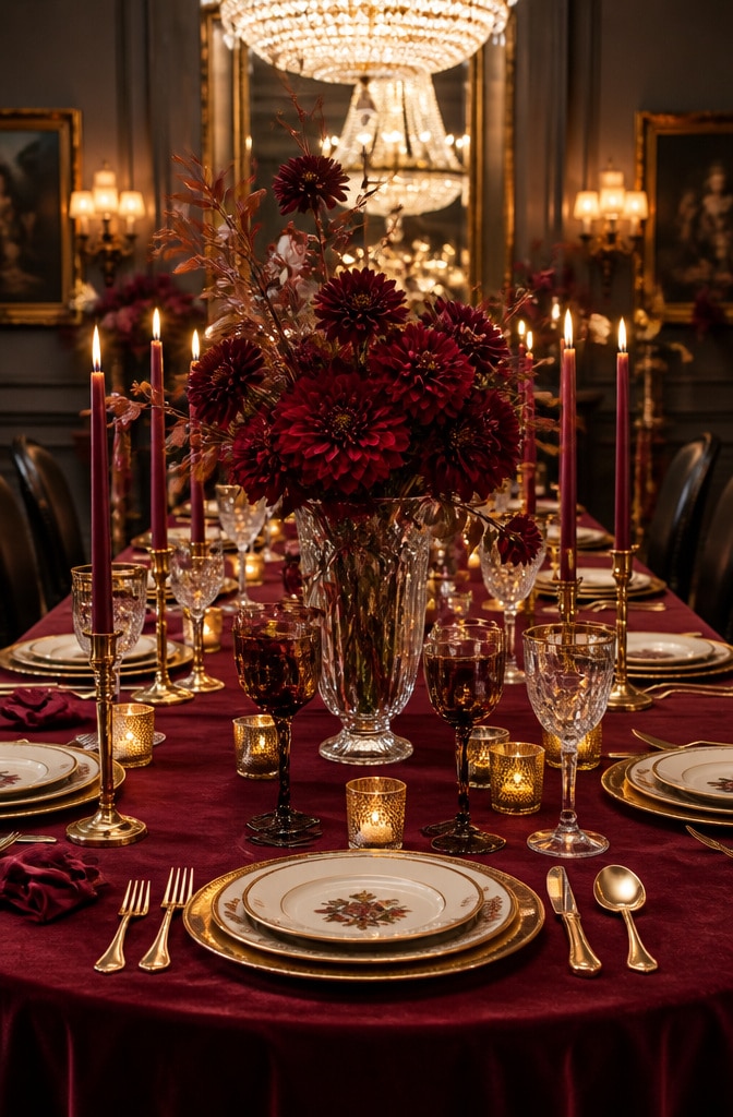 Elegant Gold and Burgundy Fall Table