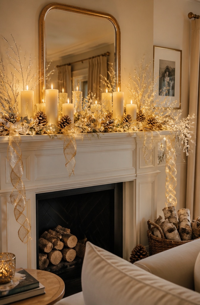 Elegant Gold and White Mantel Scene