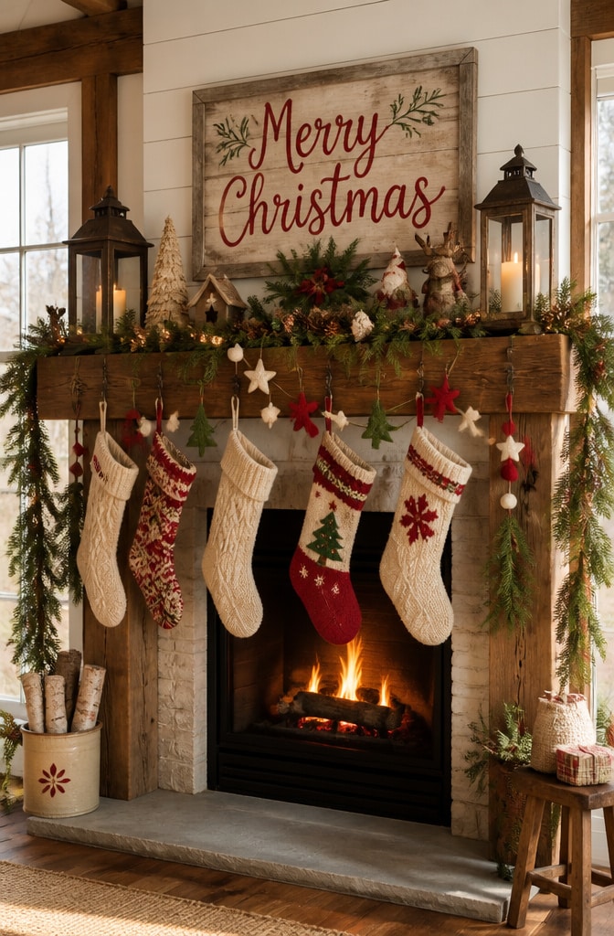 Farmhouse Christmas Mantel with Handmade Rustic Charm
