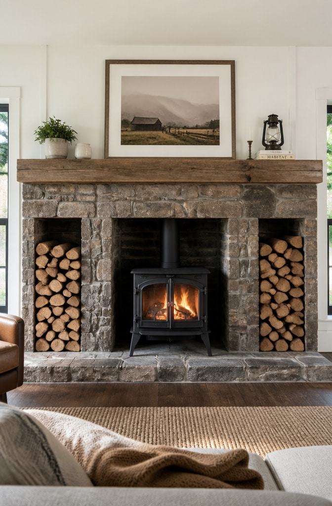 Farmhouse Fireplace with Built-In Wood Storage