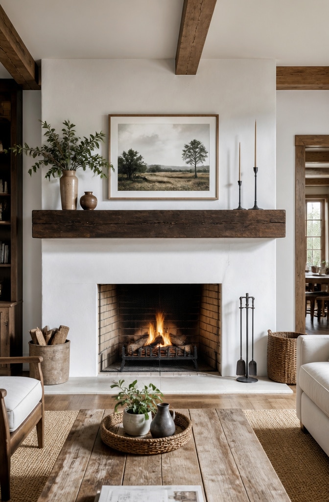 Farmhouse Fireplace with Dark Stained Wood Mantel
