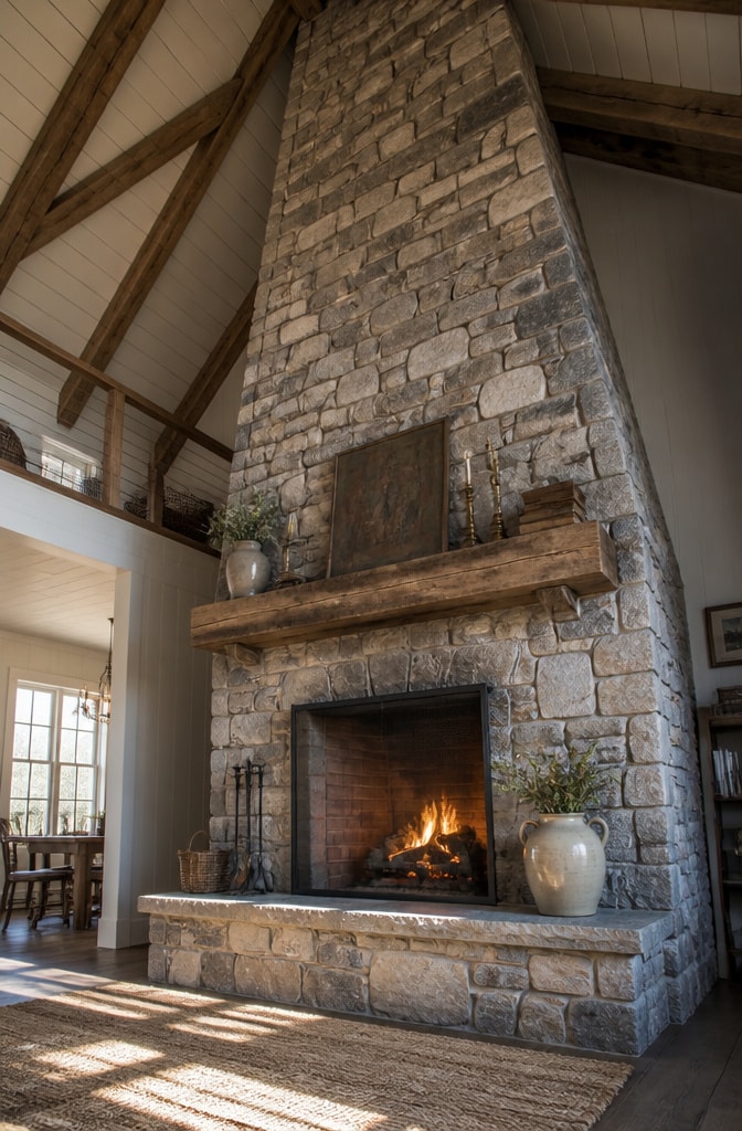 Farmhouse Fireplace with Exposed Stone Chimney