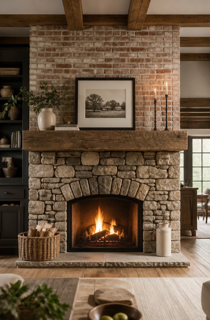 Farmhouse Fireplace with Rustic Stone and Brick Combo