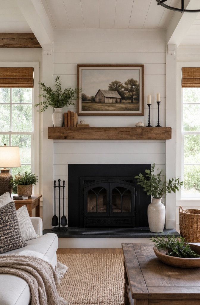 Farmhouse Fireplace with Shiplap Surround