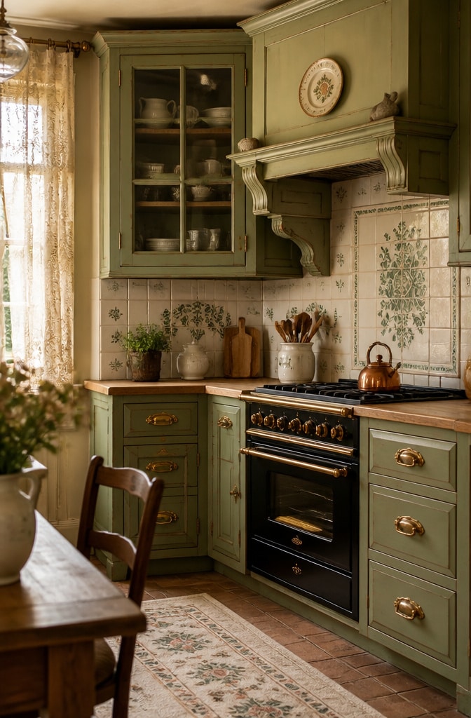 French Country Sage Green Kitchen Cabinets with Ornate Unlacquered Brass Hardware