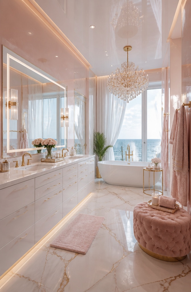 Glamorous Pink Pearl Coastal Bathroom