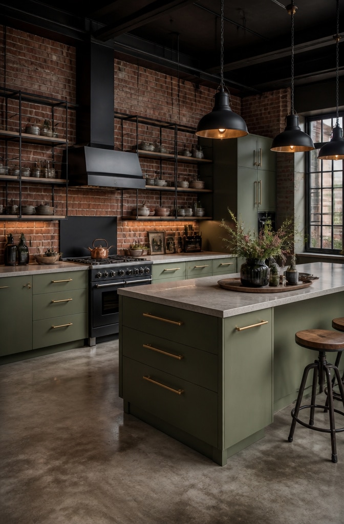 Industrial Chic Sage Green Cabinets with Bold Unlacquered Brass Hardware