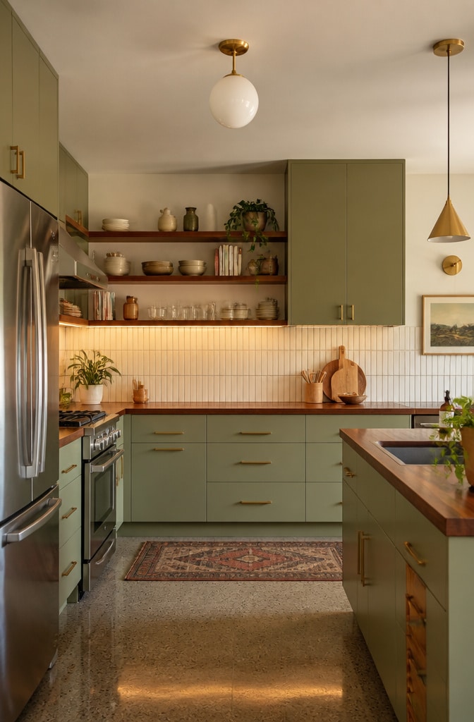 Mid-Century Modern Sage Green Kitchen Cabinets with Sleek Unlacquered Brass Hardware
