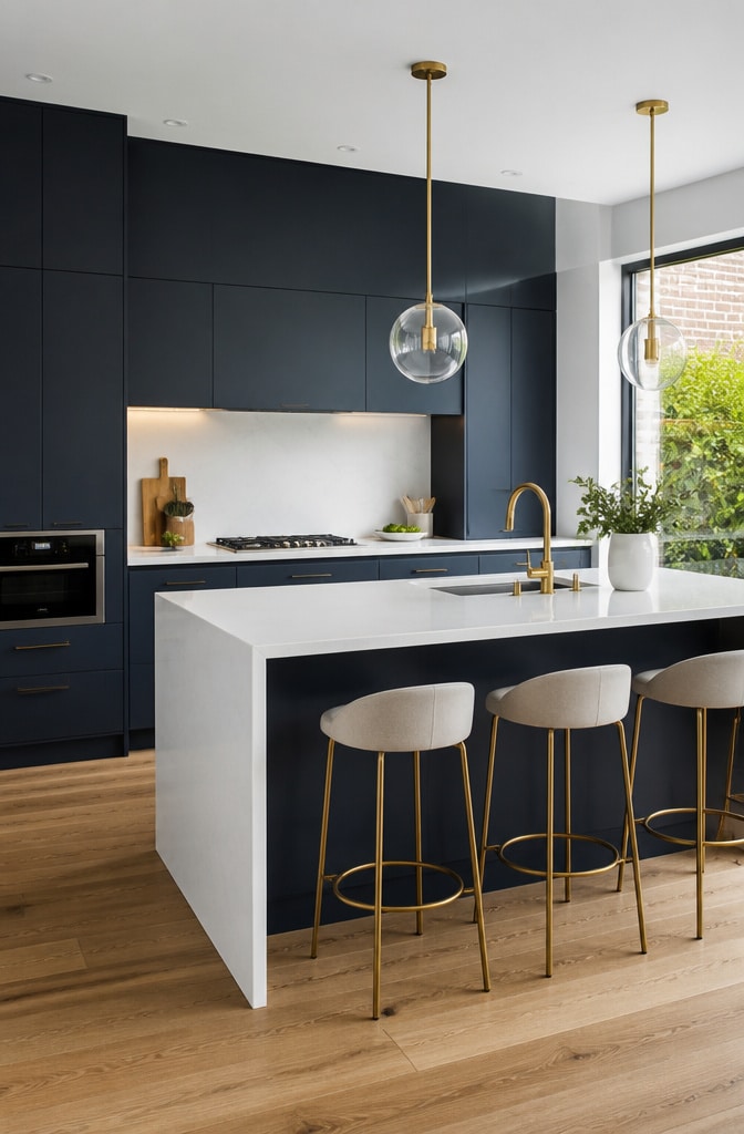 Minimalist Kitchen with Matte Blue Cabinets