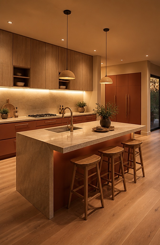 Minimalist Kitchen with Warm Lighting and Earth Tones