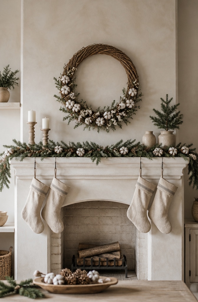 Minimalist Neutral Farmhouse Christmas Mantel