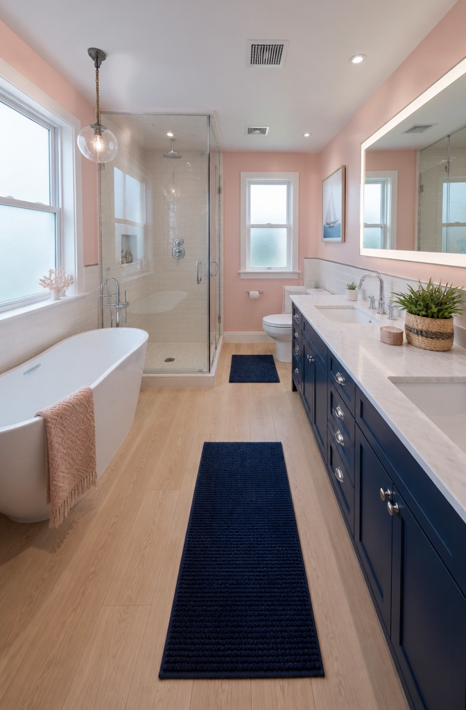 Modern Chic Pink and Navy Coastal Bathroom