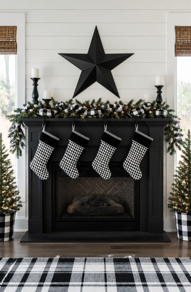 Modern Farmhouse Christmas Mantel with Black and White Theme