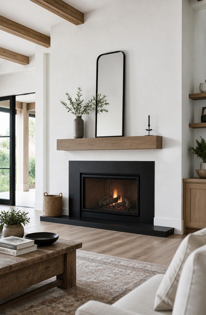 Modern Farmhouse Fireplace with Black Steel Hearth