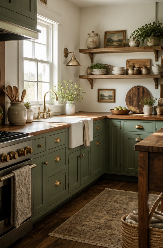 Rustic Farmhouse Sage Green Cabinets with Vintage Unlacquered Brass Hardware