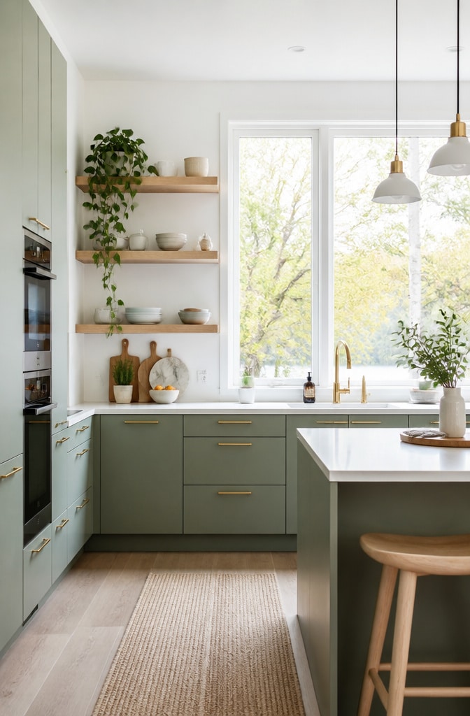Scandinavian-Inspired Sage Green Cabinets with Matte Unlacquered Brass Hardware