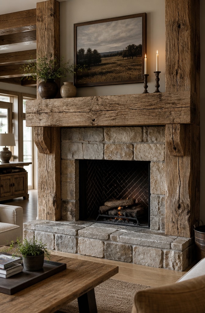 Stone and Timber Farmhouse Fireplace