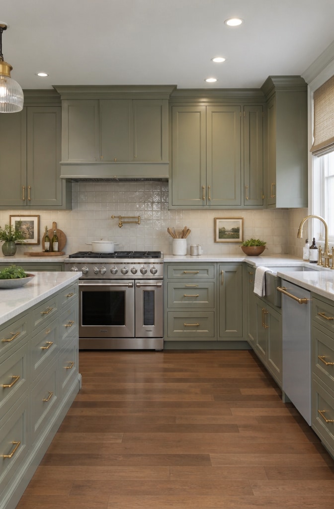 Transitional Sage Green Kitchen Cabinets with Polished Unlacquered Brass Hardware