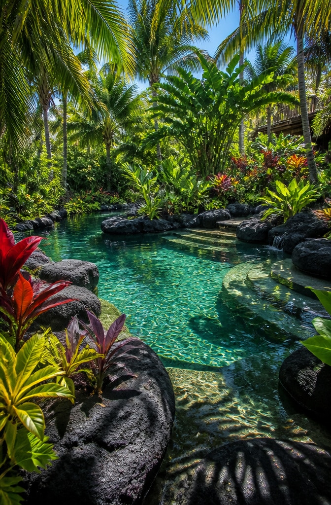 Tropical Lava Rock Garden Pool Paradise
