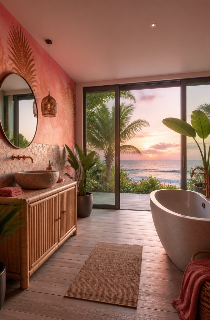 Tropical Pink Sunset Coastal Bathroom