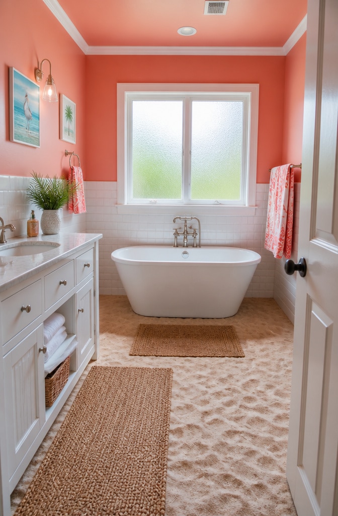 Vibrant Coral and White Beach Bathroom