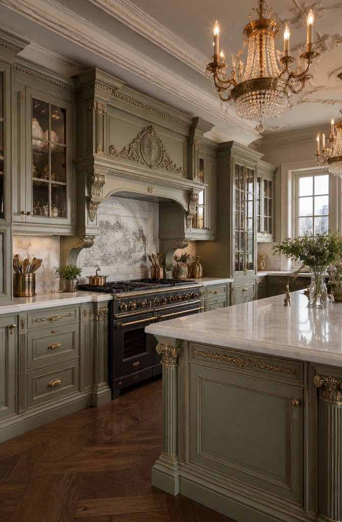 Victorian Sage Green Kitchen Cabinets with Intricately Carved Unlacquered Brass Hardware