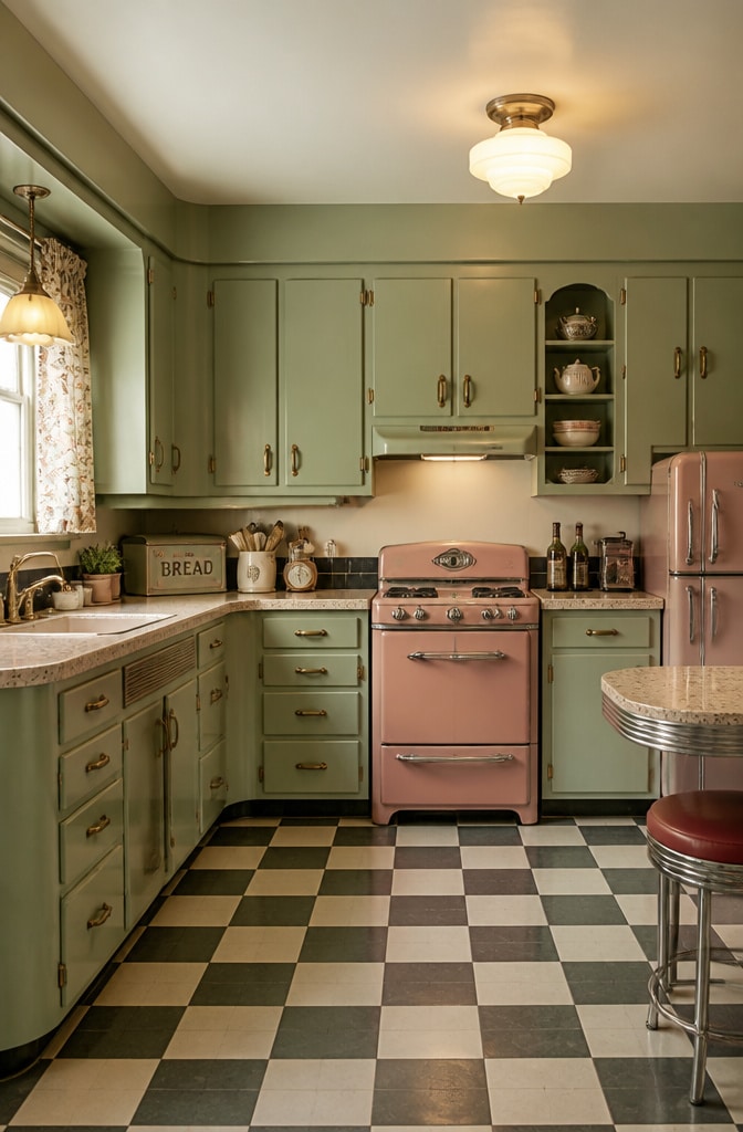 Vintage Retro Sage Green Kitchen Cabinets with Curved Unlacquered Brass Hardware