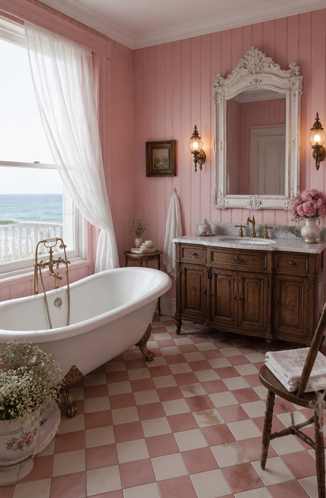 Vintage Rose Pink Seaside Bathroom