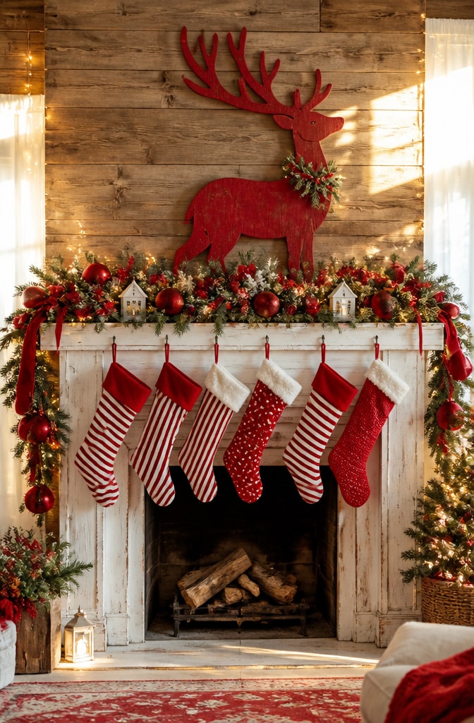 Whimsical Farmhouse Christmas Mantel with Pops of Red