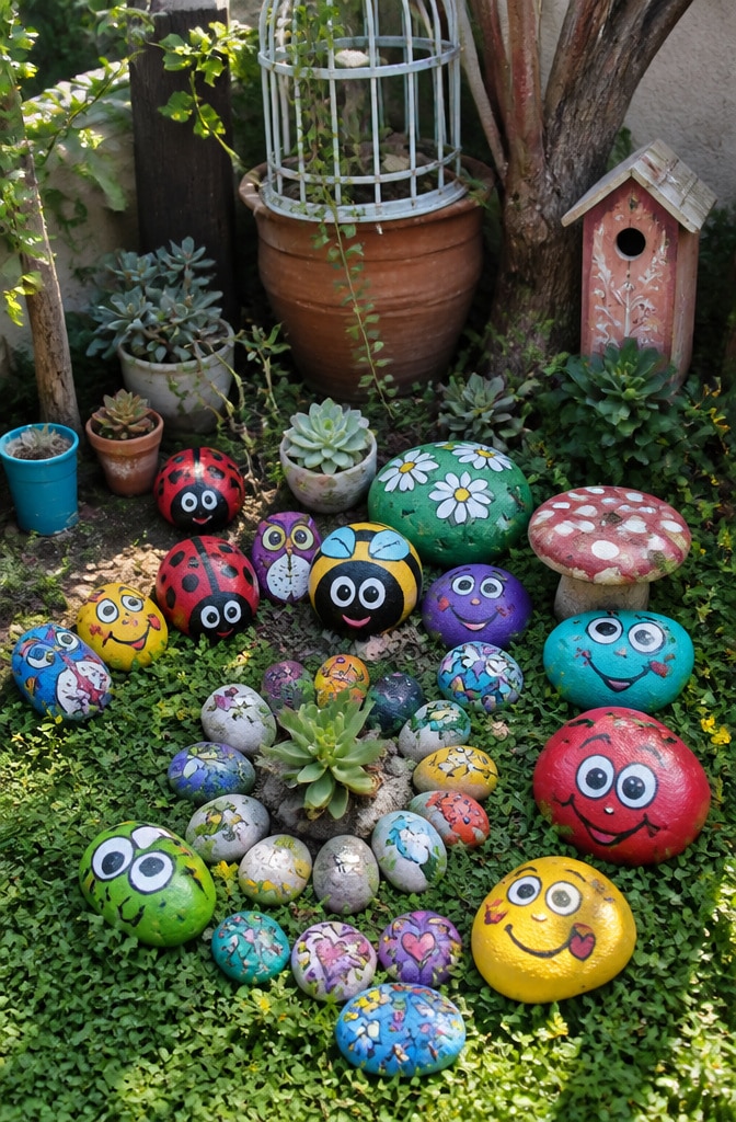 Whimsical Painted Rock Garden Display
