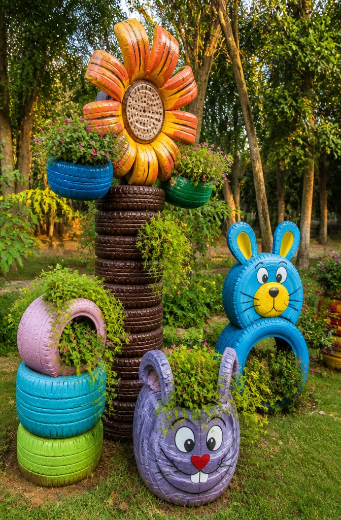 Whimsical Upcycled Tire Planter Sculptures