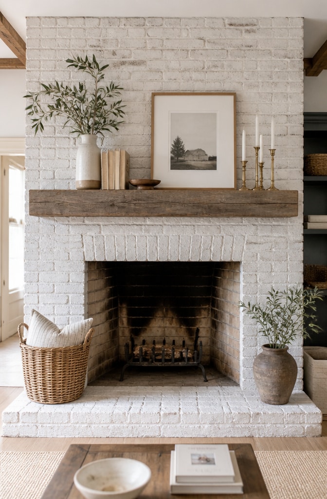 Whitewashed Brick Fireplace with Open Hearth