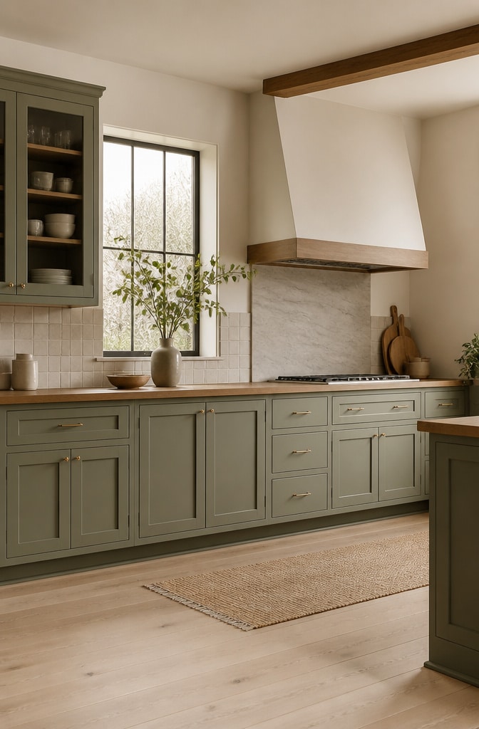 Zen-Inspired Sage Green Kitchen Cabinets with Matte Unlacquered Brass Hardware
